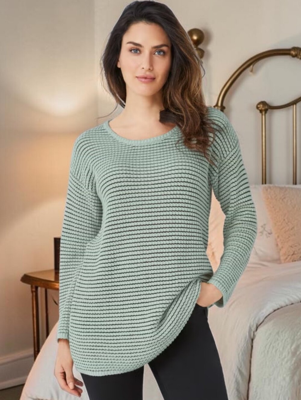CATHERINES Chunky Knit Sweater- Light Sage/ Light Brown Detail